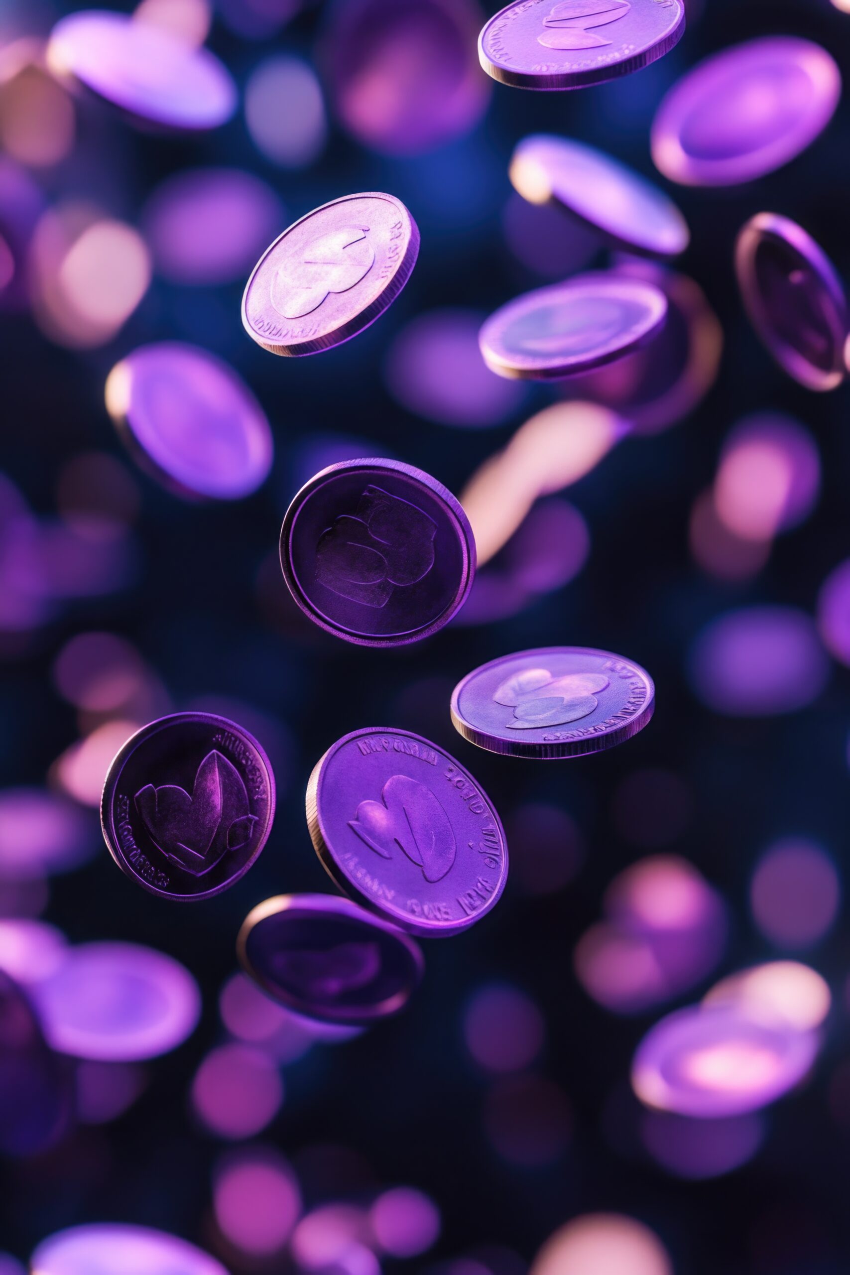 Coins in mid-air, purple hue, flying